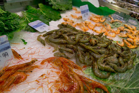 raw shrimps on la boqueria market in Barcelona, Catalonia, Spain.の写真素材