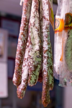 fuet on sale in lo boqueria market, Barcelona.の写真素材