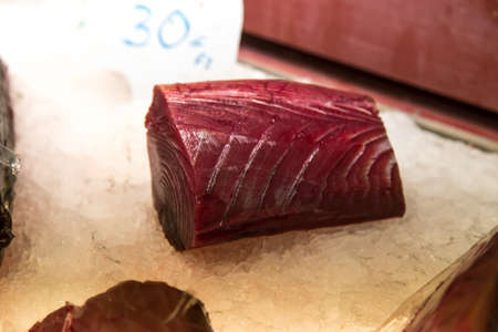 raw tuna steak on iceの写真素材