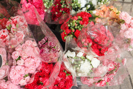 Flowers outside of flower shop in Las Ramblas, Barcelonaの写真素材