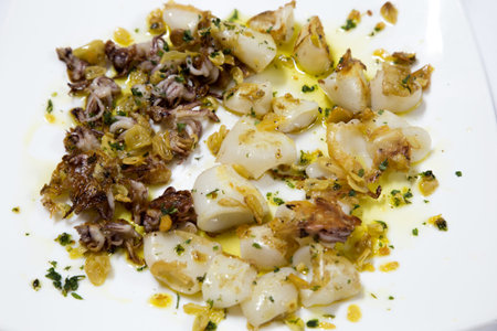 Delicious cooked squid or calamari plate with olive oil