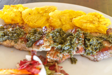 churrasco served with tostones, typical Nicaraguan cuisine