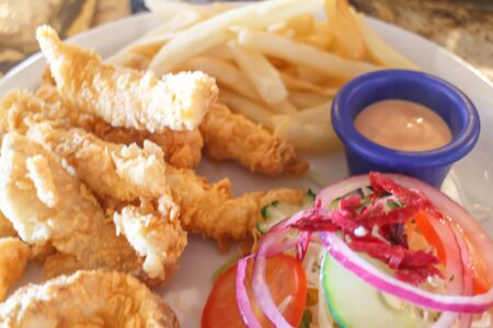 fried fish served on plate, from restaurant in Nicaraguaの写真素材