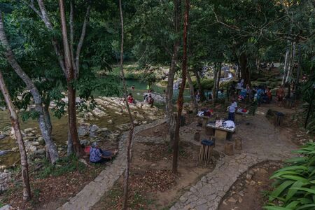 Las Terrazas, Cuba â December 28, 2016: tourist relaxing on natural pool in rio san juan , las terrazas pinar del rioのeditorial素材