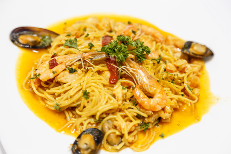 fideua, detail of seafood fideuaの写真素材