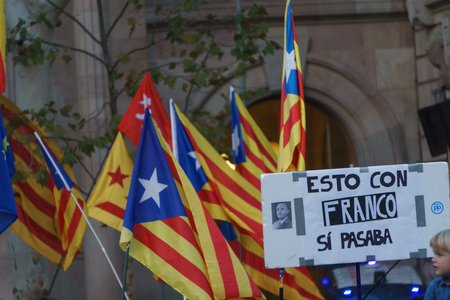 Barcelona, Catalonia, Spain, September 21, 2017: people on rally support for independence of Catalunya during the protest in front the Tribunal Superior de Justicia de Catalunya by spanish goverment response.のeditorial素材
