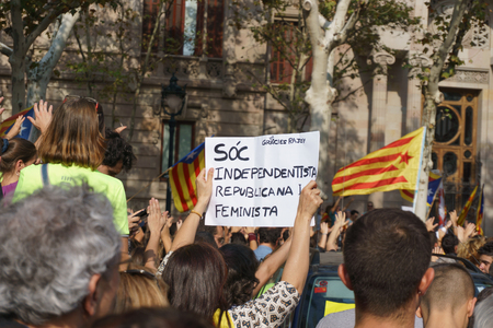 Barcelona, Catalonia, Spain, September 21, 2017: people on rally support for independence of Catalunya during the protest in front the Tribunal Superior de Justicia de Catalunya by spanish goverment response.のeditorial素材