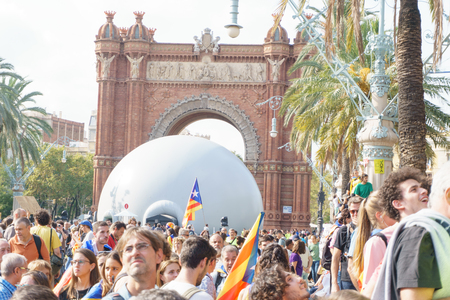 Barcelona, Catalonia, Spain, September 21, 2017: people on rally support for independence of Catalunya during the protest in front the Tribunal Superior de Justicia de Catalunya by spanish goverment response.のeditorial素材