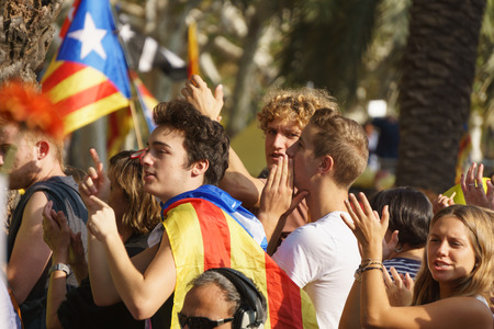 Barcelona, Catalonia, Spain, September 21, 2017: people on rally support for independence of Catalunya during the protest in front the Tribunal Superior de Justicia de Catalunya by spanish goverment response.のeditorial素材