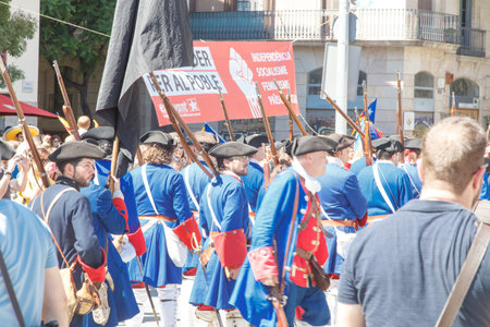 Barcelona, Catalonia, Spain, September 11, 2017: historic cultural demostration from Catalonia during Rally support for independence of Catalunya during the national dayのeditorial素材