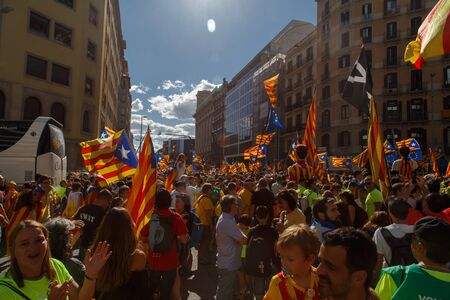 Barcelona, Catalonia, Spain, September 11, 2017:  people on rally support for independence of Catalunya during the national dayのeditorial素材