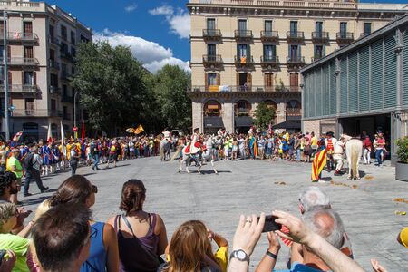 Barcelona, Catalonia, Spain, September 11, 2017: historic cultural demostration from Catalonia during Rally support for independence of Catalunya during the national dayのeditorial素材