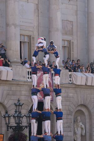Barcelona, Catalonia, September 24, 2017: Castellers during La Merce celebration in Barcelona. In plaza Sant Jaume, in city hall.のeditorial素材