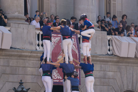 Barcelona, Catalonia, September 24, 2017: Castellers during La Merce celebration in Barcelona. In plaza Sant Jaume, in city hall.のeditorial素材