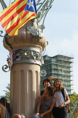 Barcelona, Catalonia, Spain, September 21, 2017: Riots of catalan people protesting for  spanish government decision about referendum of independence of catalunyaのeditorial素材
