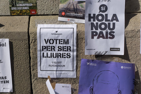 Barcelona, Catalonia, September 24, 2017: Banners on street claming justice and democracy for...
