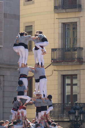 Barcelona, Catalonia, September 24, 2017: Castellers during La Merce celebration in Barcelona. In plaza Sant Jaume, in city hall.のeditorial素材
