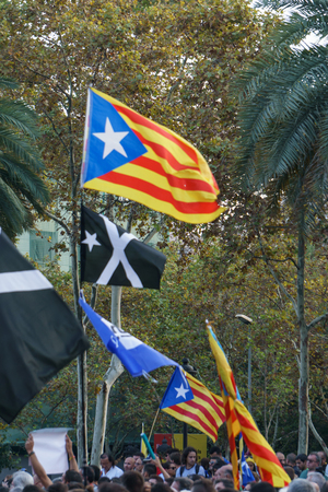 Barcelona, Catalonia, Spain, October 10, 2017: people on rally support for independence of Catalunya in Passeig Lluis Companys.のeditorial素材