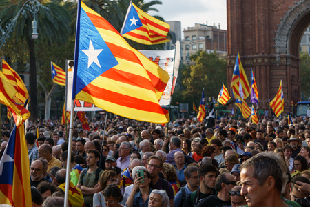 Barcelona, Catalonia, Spain, October 10, 2017: people on rally support for independence of Catalunya in Passeig Lluis Companys.のeditorial素材