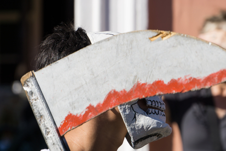 Granada, Nicaragua â February 15, 2017:  People wearing traditional dress and colorful masks during celebration of Carnival. Nicaragua traditional folkのeditorial素材