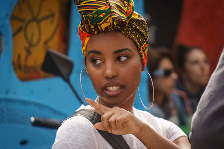 La Havana, Cuba, January 08, 2017: afrocaribbean black girl portrait on street. Editorial caption from Hamel street in La havanaのeditorial素材