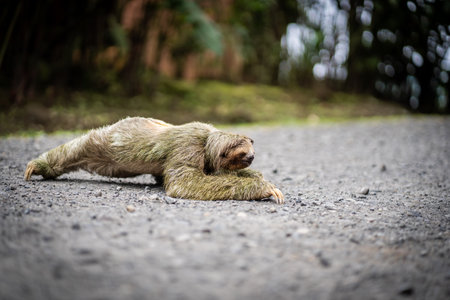 Profile of a sloth crossing a tropical path. Wildlife in Costa Ricaの写真素材