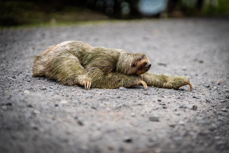 Close-up view of a sloth crossing a tropical path. Wildlife in Costa Ricaの写真素材