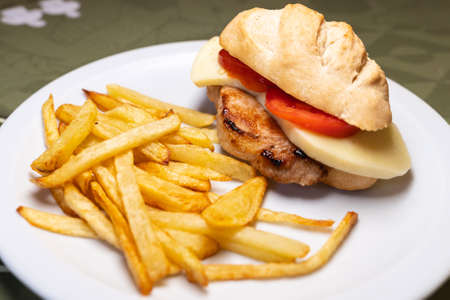 Close up view of a plate with a pork, tomato and cheese sandwich with friesの写真素材