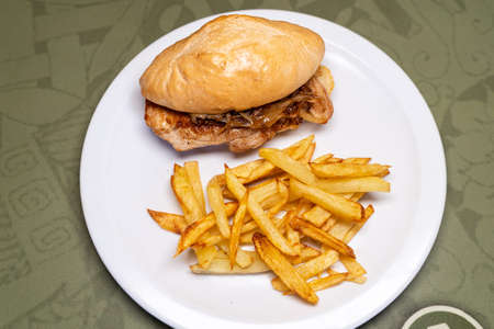 Aerial view of a plate with a pork and onion sandwich with friesの写真素材