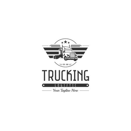 classic heavy truck logo, emblems and badges. Truck with trailer and tip truck. Vector illustration.のイラスト素材