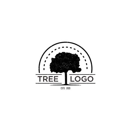 oak tree silhouette retro vintage hipster with mono-line style combination logo templateのイラスト素材