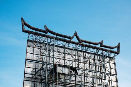 abandoned industrial building with blue sky in background, stock photoの写真素材