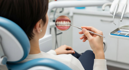 Patient in dental chair looking at reflection perfect teeth in dental mirror, representing dental hygiene and healthy smileの素材