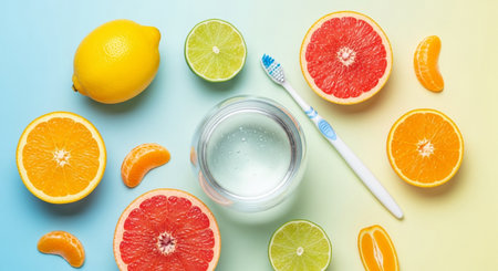 Vibrant flat lay composition citrus fruits like oranges, lemons, grapefruits, and limes, arranged around toothbrush and glass waterの素材
