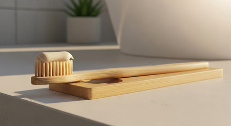 Bamboo toothbrush with toothpaste rests on wooden holder on bathroom counter, with small green plant in theの素材