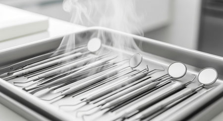 Sterilized dental instruments in tray with steam rising, indicating hygiene and preparation for dental procedureの素材