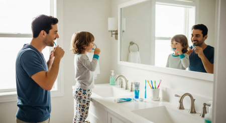 Father and son brushing teeth together in bright, modern bathroom in front mirror, promoting good oral hygiene habitsの素材