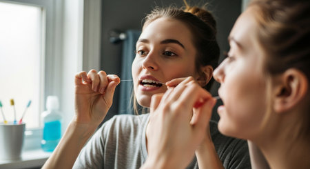 Young woman flossing her teeth in front bathroom mirror, focusing on oral hygiene and dental care routineの素材