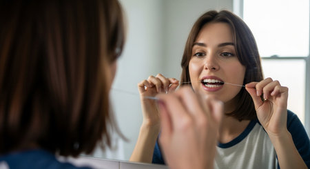 Young woman flossing her teeth in front mirror, reflecting her focused expression as she practices good oral hygiene at homeの素材