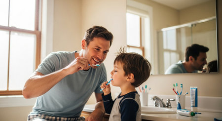 Father and son brushing their teeth together in bright, sunlit bathroom, sharing bonding moment during their morning or evening hygiene routineの素材