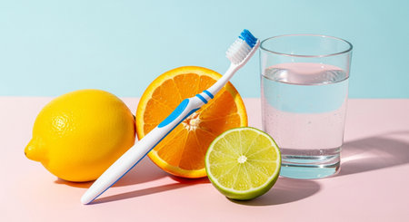 Toothbrush, lemon, orange, and lime slices arranged with glass water on pastel, representing oral hygiene and citrusの素材