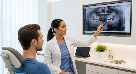 Dentist showing dental xray on screen to male patient in modern clinicの素材