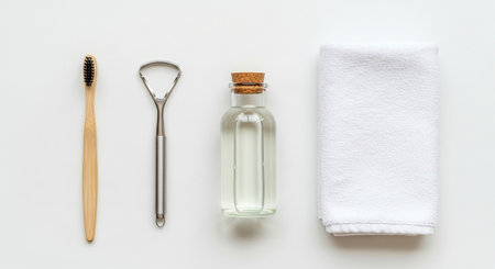 Flat lay essential oral hygiene tools including bamboo toothbrush, metal tongue scraper, small bottle mouthwash, and folded towel, isolated onの素材