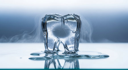 Toothshaped ice sculpture melting with steam rising, symbolizing dental sensitivity to cold or frozen toothの素材
