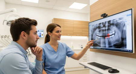 Female dentist explains dental xray on monitor to male patient in modern dental clinic, discussing treatment optionsの素材