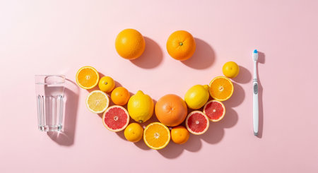 Smiley face made fresh citrus fruits and toothbrush, symbolizing healthy teeth and bright smile, with glass water on pinkの素材