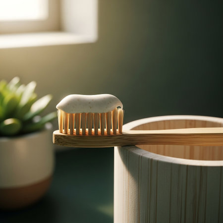 Closeup bamboo toothbrush with toothpaste on its bristles, placed on bamboo holder, with green plant in theの素材