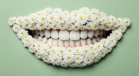 Beautiful smile formed by perfect set teeth adorned with delicate flowers, representing natural beauty and dental perfectionの素材