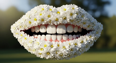 Surreal closeup mouth made daisy flowers with perfect teeth and pink lips, symbolizing natural beauty, oral health, and fresh smile, set against blurred green outdoorの素材