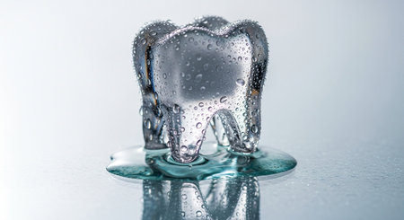 Toothshaped ice sculpture melting on reflective surface, with water droplets, symbolizing cold, refreshment, and the fragility dental healthの素材